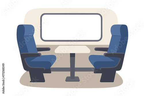 Modern train interior with empty seats, table and window. Public transportation concept. Vector illustration of a train carriage for travel, journey or commute. Minimalist flat design.