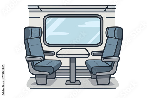 Modern train interior with empty seats and a table. Passenger transport for travel, tourism and commuting. Journey inside a wagon or bus. Vector flat cartoon illustration.