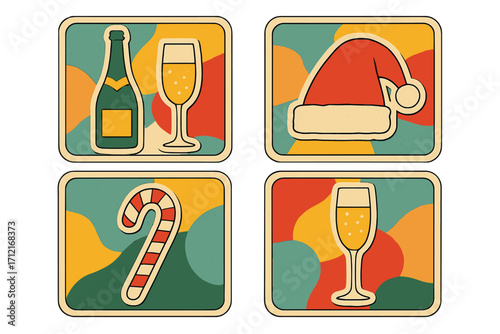 Modern retro Christmas & New Year vector icon set. Groovy holiday celebration stickers with champagne, Santa hat, candy cane. Vintage abstract party invitation elements.