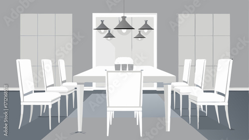 A crisp white dining room with highgloss white chairs and metallic silver accents throughout the space.