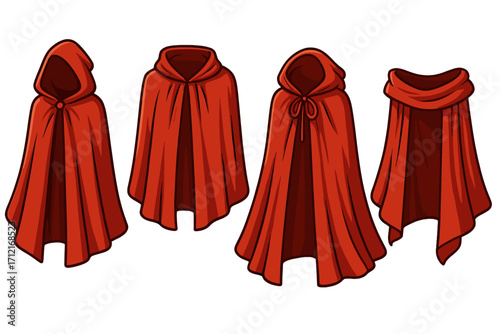 Vector set of red cloaks with hoods. Fantasy cartoon capes for mystery hero or magician. Medieval garment for Halloween costume. Fairy tale character clothes isolated.
