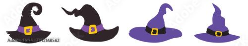 Set of colored witch hats isolated on transparent background. Halloween vector illustration featuring various spooky hat designs. Perfect for party decor, costume elements, magic and festive graphics.
