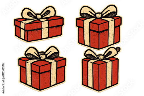 Set of vector gift boxes with halftone effect. Retro collage elements for Christmas digital designs. Trendy pop art or grunge style stickers for holiday and celebration.