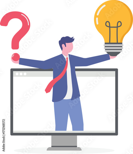 Smart businessman holding questions mark and light bulb solutions in flat design
