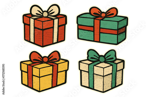 Set of retro gift boxes with halftone texture. Vintage present sticker pack for Christmas, birthday celebration. Grunge pop art style vector illustration for digital design.