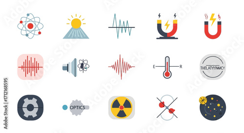 Science icons set - atom, sun, waves, magnet, sound, temperature, gear, radiation.