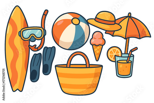 Summer beach vacation icon set. Cartoon vector collection of holiday items. Surfboard, snorkeling gear, ball, sun hat, umbrella, ice cream, juice, and bag. Flat design.