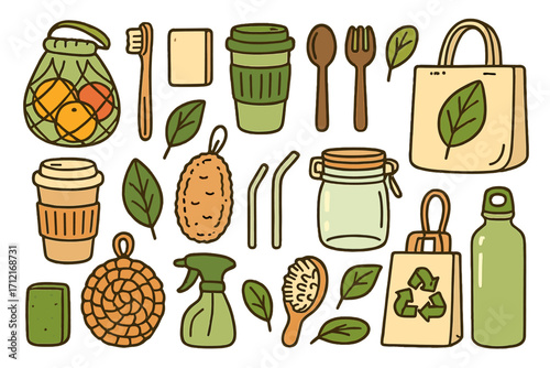 Zero waste lifestyle vector cartoon illustration set. Collection of eco friendly, reusable, and sustainable items for plastic free living. Ecology and environment concept.