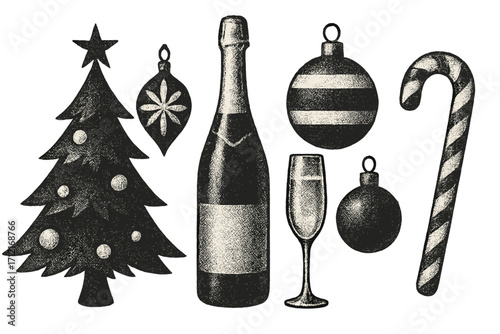 Trendy vintage Christmas halftone collage elements set. Monochrome dotted style with Christmas tree, festive decorations, champagne bottle, glass, baubles, candy cane, holiday celebration design