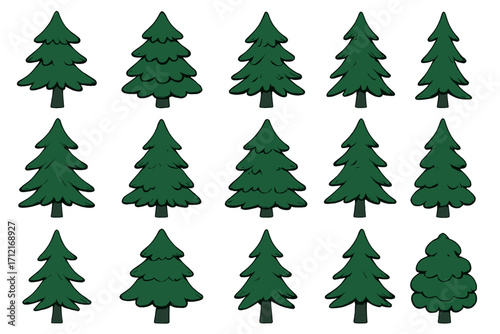 Various silhouettes of pine trees arranged in a grid pattern showcasing diverse styles and shapes, cartoon vector illustration, evergreen forest design elements, nature collection