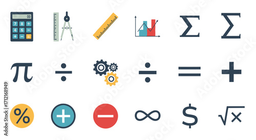 Mathematics symbols icons and tools collection.