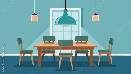 A dining room featuring a reclaimed wood table and chairs complemented by a hanging pendant light made from repurposed materials.