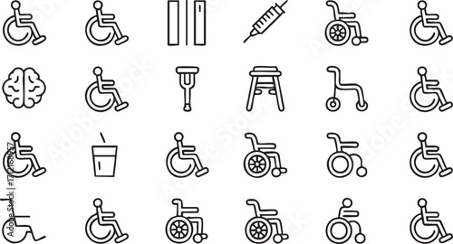 Healthcare Rehabilitation Icons Featuring Walker Syringe and Crutches