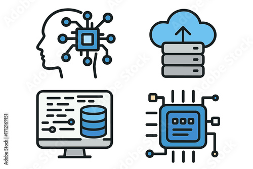 Technology concepts icon set. AI with human head, cloud server storage, computer database, and processor chip. Vector icons for machine learning, data processing, and hardware.
