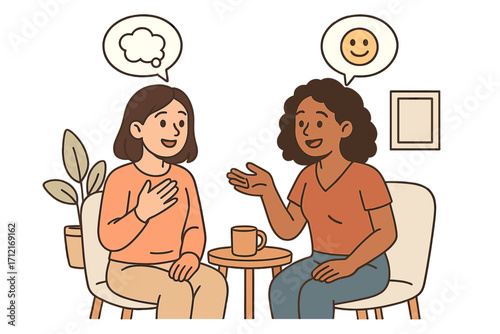 Two women in casual conversation. Vector illustration of friendship, support, and communication. Therapy session with a psychologist. Mental health, empathy, and active listening.