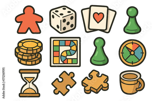 Board game icon collection. Vector set of meeple, dice, cards, pawns, puzzle pieces, tokens. Tabletop gaming elements for print and web. Flat cartoon clipart illustration.