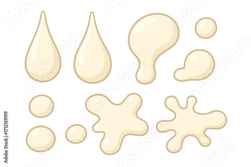 Creamy liquid drops and splashes set. Milk, yogurt or cream drops and splatters. Flowing fresh dairy drink. White paint or glue blob. Abstract vector illustration design element.