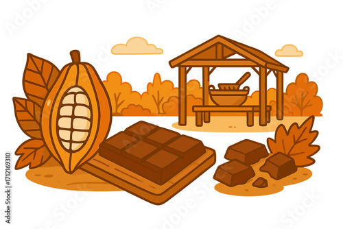 Artisanal chocolate making process with fresh cacao pod, beans, and organic chocolate bar. Craft workshop for gourmet dessert creation in autumn. Vector cartoon illustration.