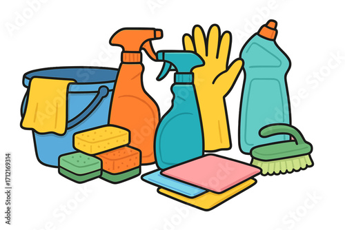 Cleaning supplies vector icon set for household chores. Domestic cleaning equipment with bucket, spray, gloves, sponge, brush for hygiene and disinfection. Cartoon illustration.