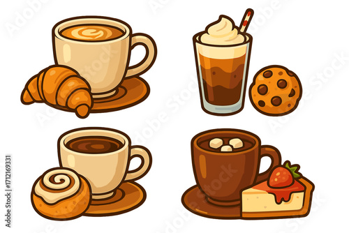 Coffee and pastry icon set. Vector cartoon illustration of cafe drinks and desserts like latte, croissant, cookie, cinnamon roll, and cheesecake. For breakfast or bakery menu.