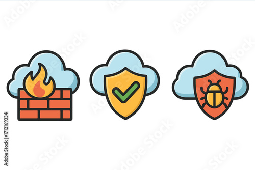 Cloud security icons for digital protection. Set includes firewall, antivirus shield, and bug threat prevention. Vector cartoon concept for cybersecurity, network safety, data.