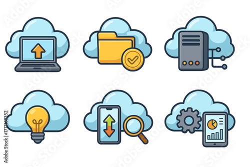 Cloud computing icon set. Vector cartoon illustration of technology concepts. Data storage, server hosting, file upload, information transfer, mobile analytics, web service.