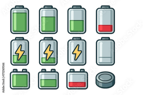 Battery icon set showing various charge levels from full to empty. Vector graphic collection with power status indicators, charging symbols, and electricity status for UI design.