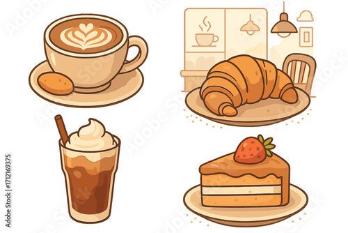 Coffee and pastry vector illustration set. Cafe icons with latte, croissant, iced coffee, cake slice. Cartoon food and drink elements for bakery, dessert, or menu design.
