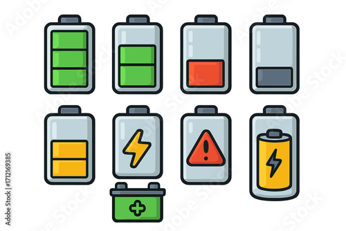 Battery icon set. Charge level indicator collection. Full, half, low, empty energy status. Charging, warning, and car battery accumulator symbols. Vector cartoon illustration.