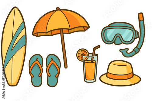 Summer beach vacation essentials collection. Vector cartoon illustration of surfboard, sun umbrella, flip-flops, hat, tropical juice drink, and snorkeling diving gear set.