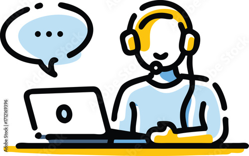 Stylized person with headphones and laptop communicating illustration microphone