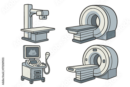 Medical imaging device set vector. MRI scanner, X-ray machine, and ultrasound equipment for hospital diagnostics. Radiology technology for healthcare. Medical examination cartoon.