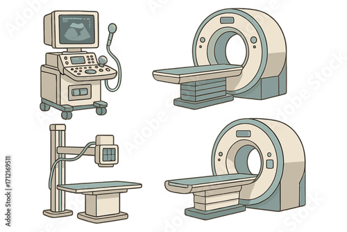 Medical imaging device set. MRI, CT scanner, ultrasound and X-ray machine. Radiology and diagnostics equipment for hospital or clinic. Healthcare technology vector illustration.