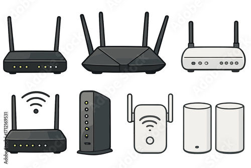 Network device and router vector set. Wifi internet technology icons. Wireless modem, repeater and extender cartoon illustration. Broadband data equipment and mesh system symbols.