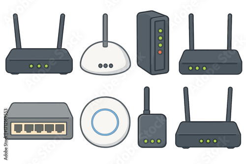 Set of network devices. Wi-Fi router, modem, switch, and access point collection. Wireless technology and internet connection equipment. Vector cartoon illustration icons.