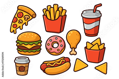 Fast food icons set. Cute cartoon vector illustration of popular junk food. Pizza, burger, fries, soda, hot dog, donut. For restaurant menu, sticker pack, delivery ads.