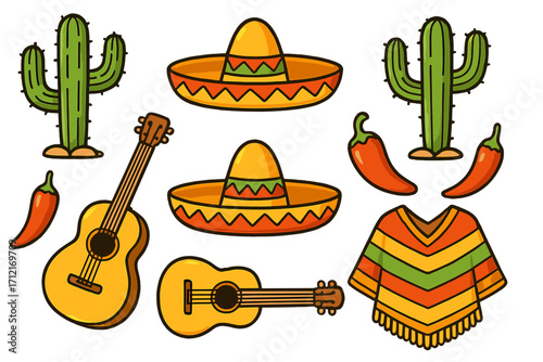 Mexican culture symbols set for Cinco de Mayo. Cartoon vector illustration collection. Fiesta party elements with cactus, sombrero, guitar, chili pepper, and poncho icons.