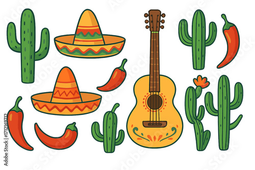 Mexican symbols vector set with cactus, sombrero, guitar, and chili pepper. Cartoon illustration for Cinco de Mayo fiesta. Traditional culture icons for travel and design.