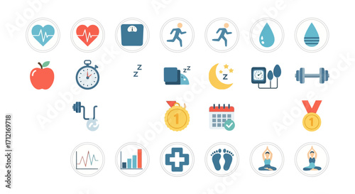 Collection of health and fitness icons representing wellness and healthy living.
