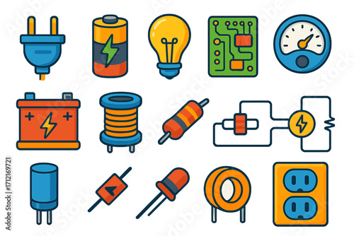Electricity and electronics icon set. Colorful vector cartoon illustration of electrical components. Includes battery, plug, lightbulb, circuit, resistor, capacitor, pcb.