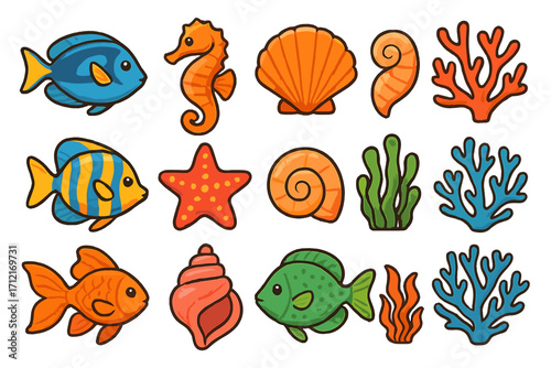 Cute sea animal icon collection. Cartoon fish, seahorse, shell, starfish, coral, seaweed. Colorful underwater marine life illustration set for kids design. Vector.