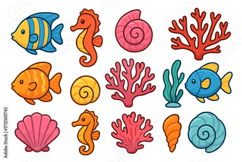 Marine life icon set. Cute cartoon fish, seahorse, coral, shell. Ocean animal collection. Sea underwater wildlife. Aquatic nature vector illustration for kids and children.
