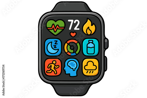 Smartwatch with health metrics and fitness tracker app display. Icons for heart rate, sleep, calories burned, running, hydration. Personal wellness cartoon vector illustration.