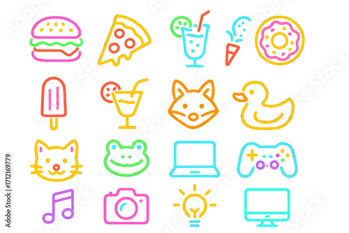 Neon icon set. Colorful line art pictograms. Food, drink, animal, technology symbols. Cute cartoon vector illustration for web, app, sticker. Modern outline signs collection.