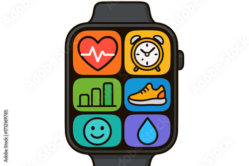Smartwatch with health app icons for fitness tracking. Vector illustration of a smart watch screen showing wellness metrics like heart rate, steps, activity, mood, and hydration.