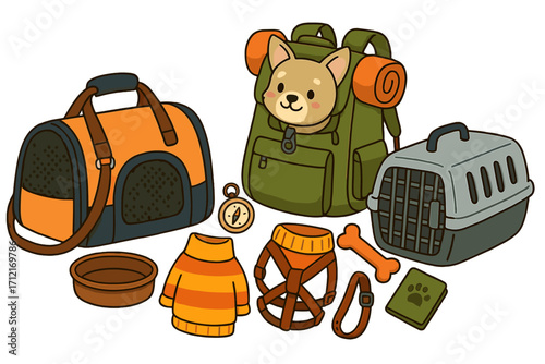 Dog travel accessories set for adventure and hiking. Pet carrier, puppy in backpack, crate, and gear for tourism. Cartoon vector illustration of items for a trip with a dog.
