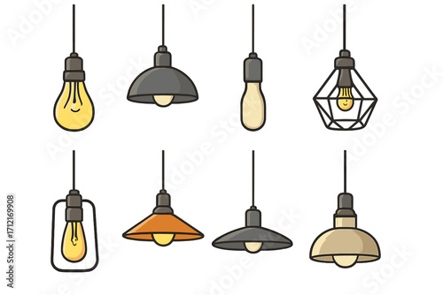 Set of hanging lamps. Collection of various pendant light fixtures for interior design. Modern, retro, and industrial loft style ceiling lights. Vector cartoon illustration.