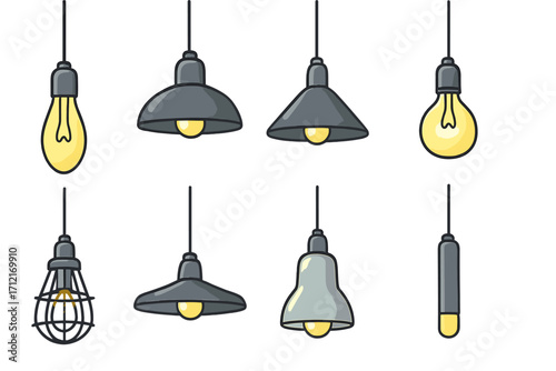 Set of hanging pendant lights and bulbs. Collection of various lamp designs for interior decoration. Vector cartoon illustration of modern and industrial loft style lighting fixtures.