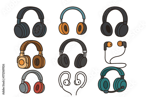 Headphones vector icon set. Headset, earphones, earbuds collection. Music audio sound device. Listen to music. Gamer gaming headset with microphone. DJ accessory symbol pack.