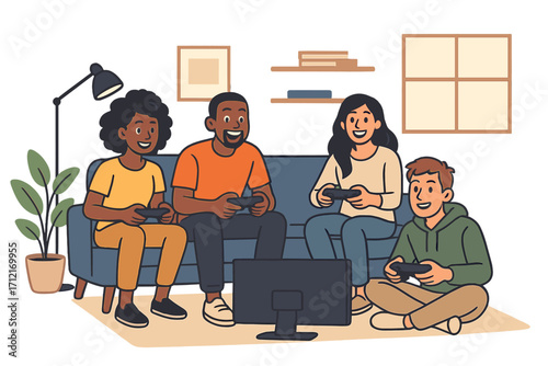 Diverse group of friends playing video games together. Happy people on couch with controllers. Multiplayer gaming on console at home. Fun, entertainment, leisure concept. Vector.
